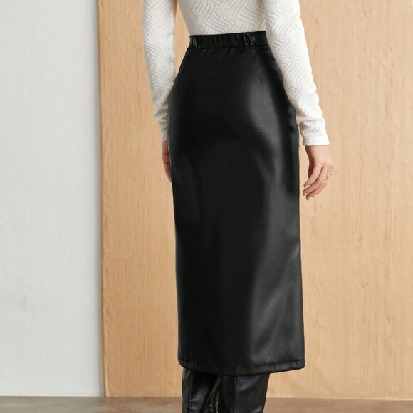 Black Elegant Women's High Slit Skirt - Picture 2 of 7